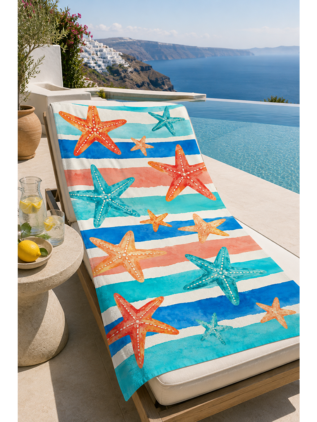 Turuncu Mavi Şeritli Deniz Yıldızı Desenli 70x150 Plaj Havlusu-6