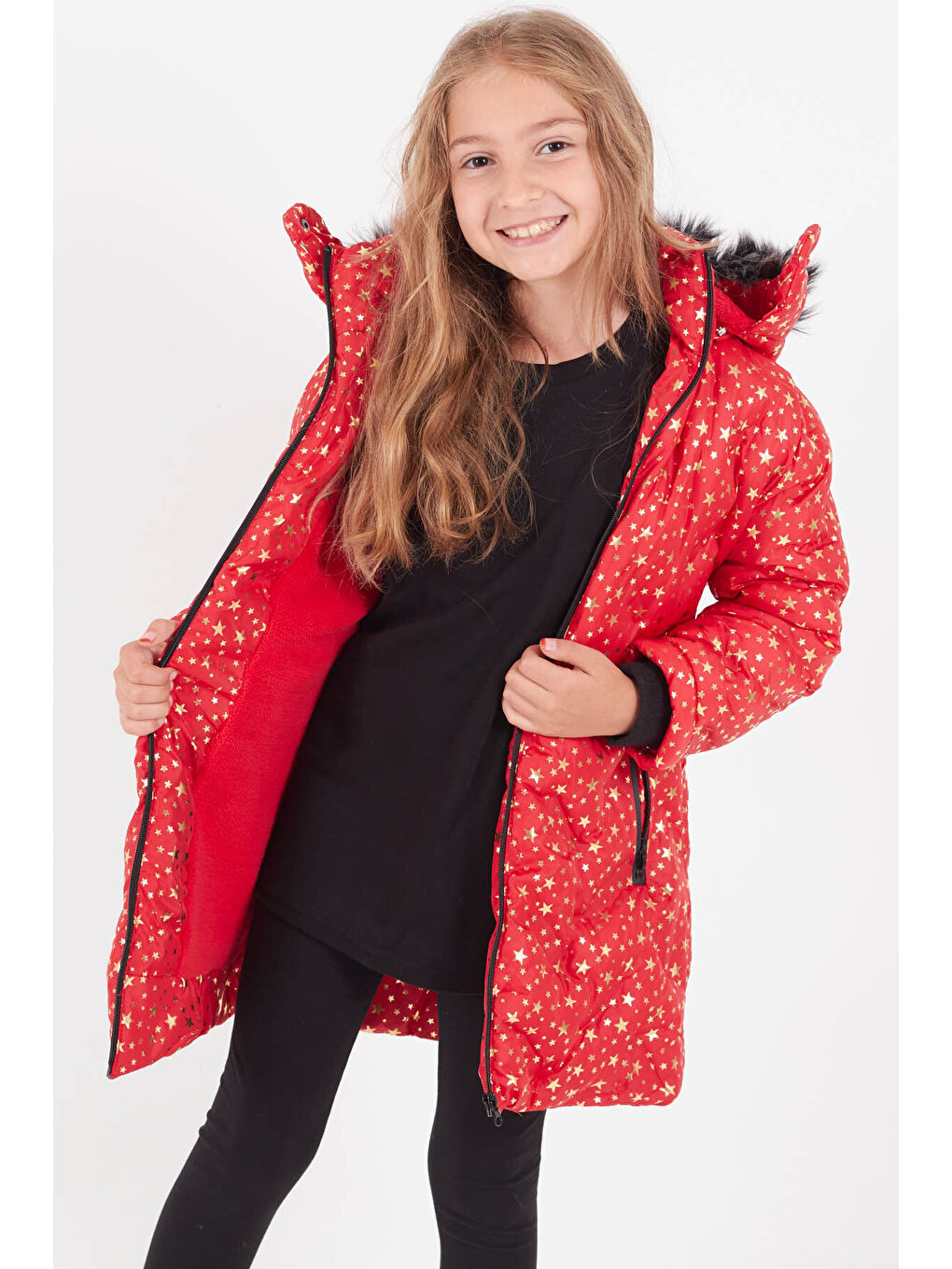 Kırmızı Kız Çocuk Mont Yıldız Desenli Kapüşonlu Şişme Mont 14535-1