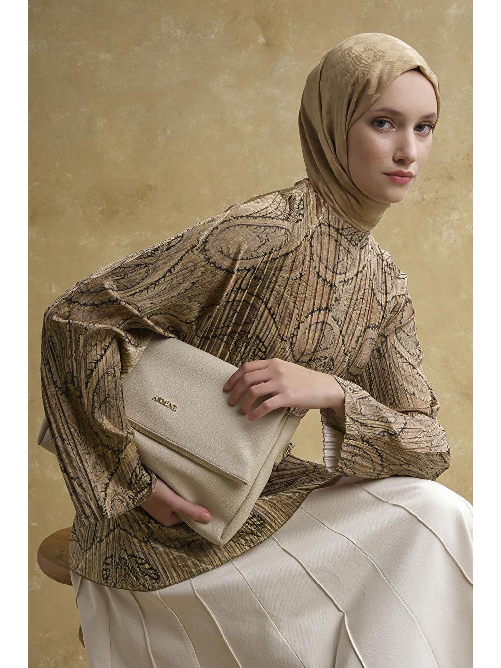 Kahverengi Şal Desenli Tunik Camel