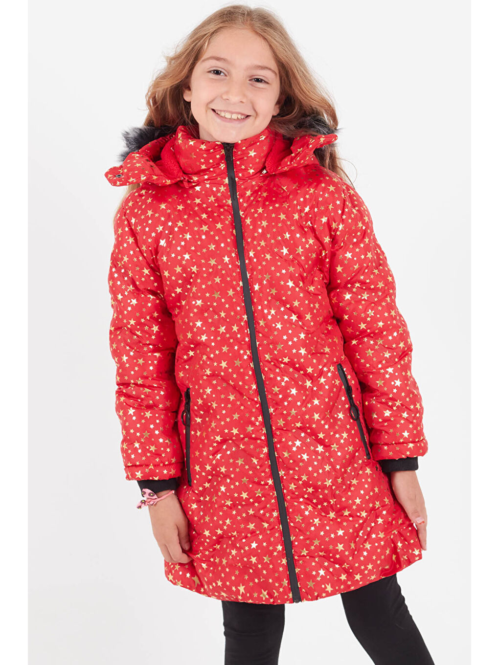 Kırmızı Kız Çocuk Mont Yıldız Desenli Kapüşonlu Şişme Mont 14535-2