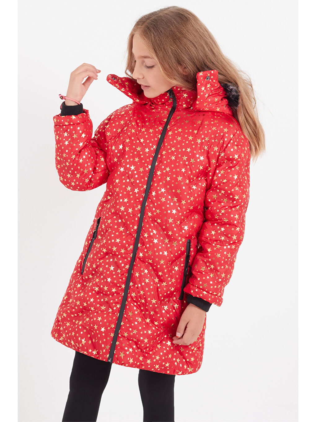 Kırmızı Kız Çocuk Mont Yıldız Desenli Kapüşonlu Şişme Mont 14535-3