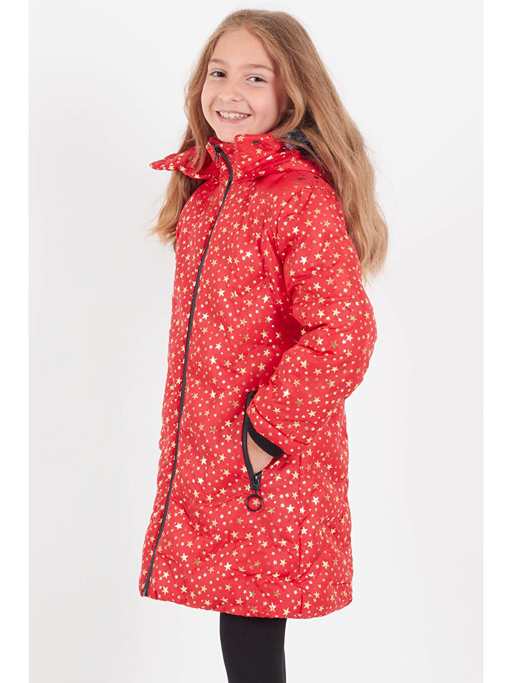 Kırmızı Kız Çocuk Mont Yıldız Desenli Kapüşonlu Şişme Mont 14535-4