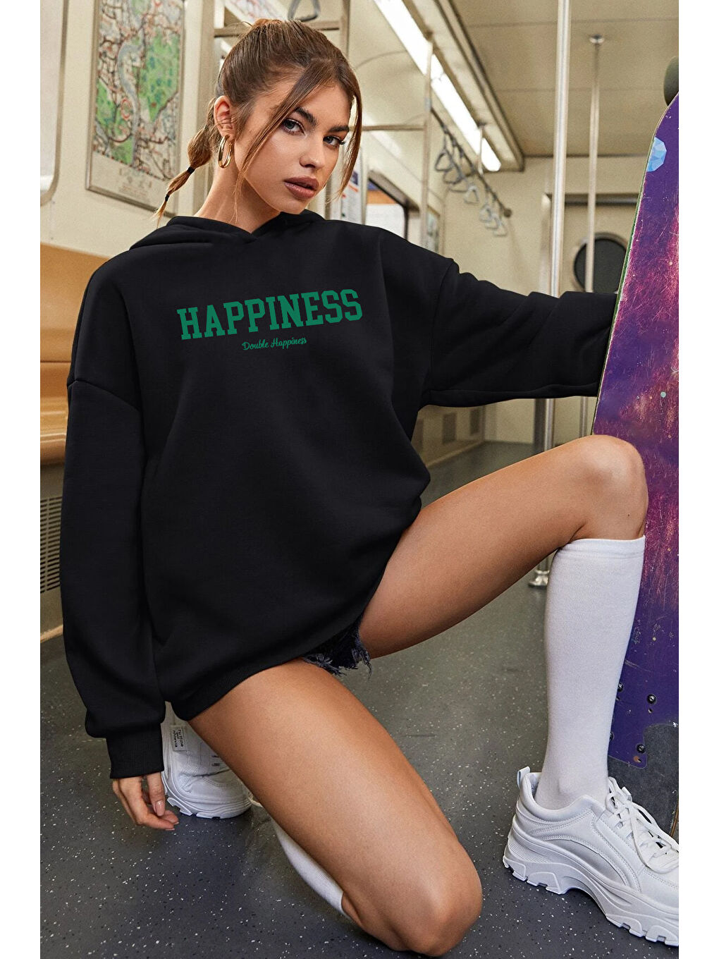 uyguntarz Siyah Unisex Oversize Happiness Baskılı Sweatshirt