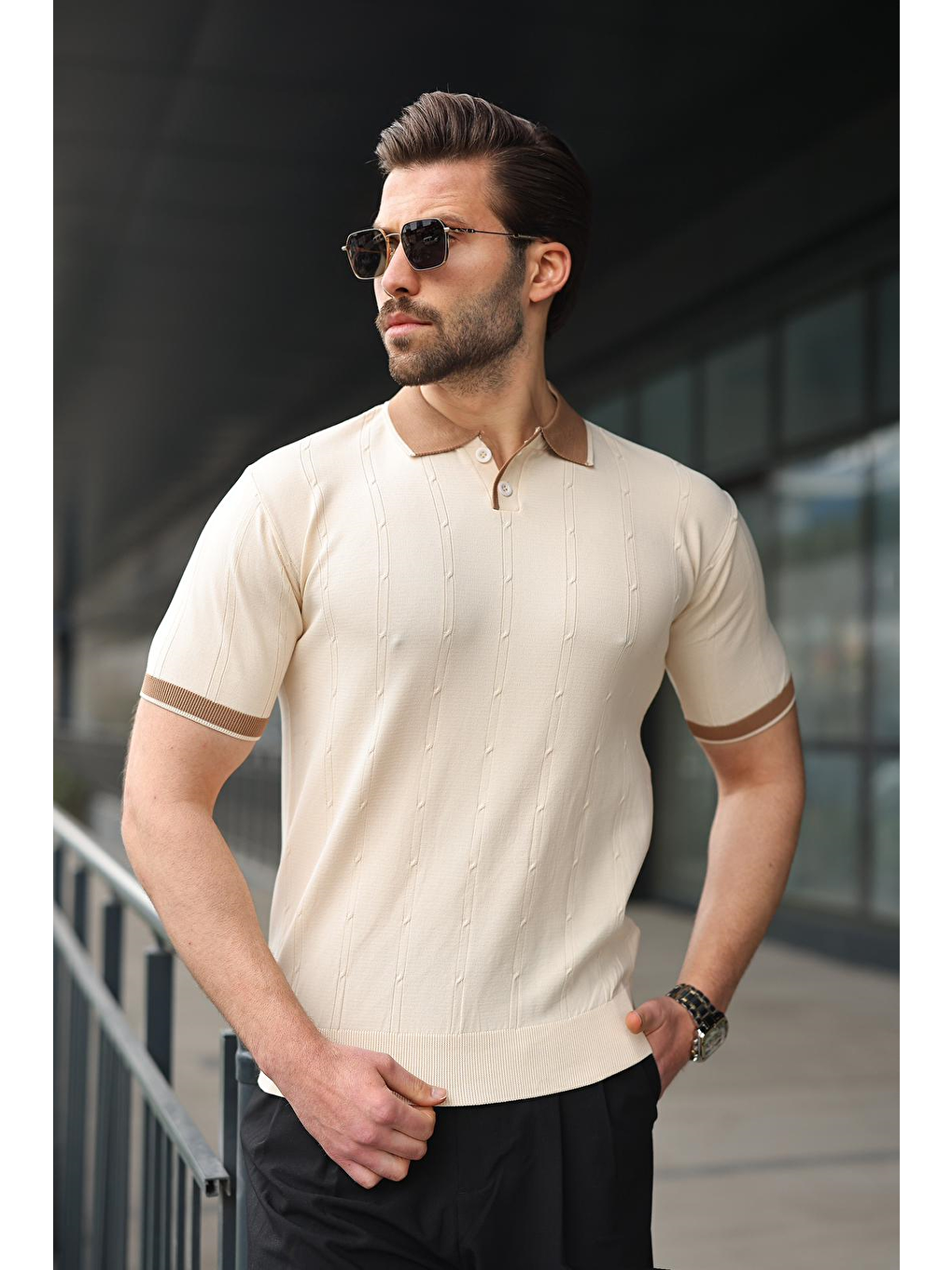 Bej Taş Rengi Polo Yaka Triko Erkek Tişört E7470-1