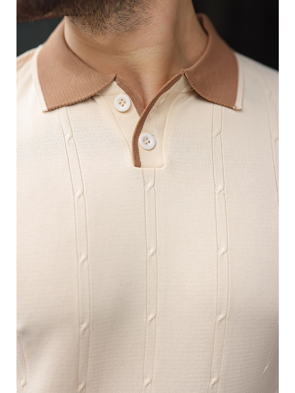 Bej Taş Rengi Polo Yaka Triko Erkek Tişört E7470-2