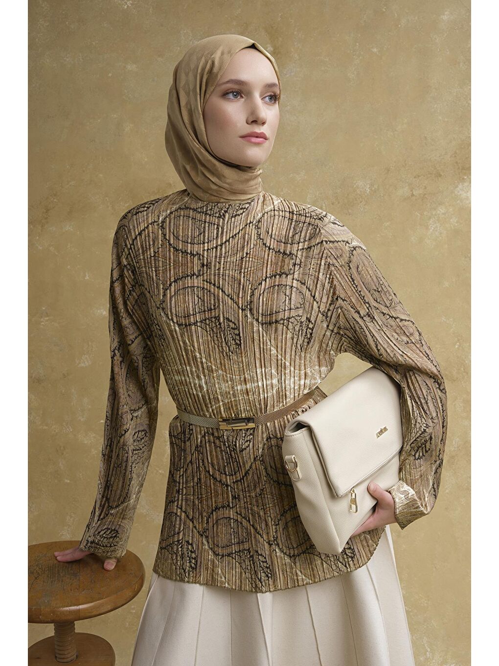 Kahverengi Şal Desenli Tunik Camel-1