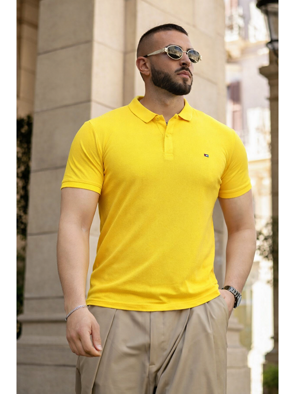 Erkek Trend Dar Basic Yazlık Sarı Polo Yaka Tişört