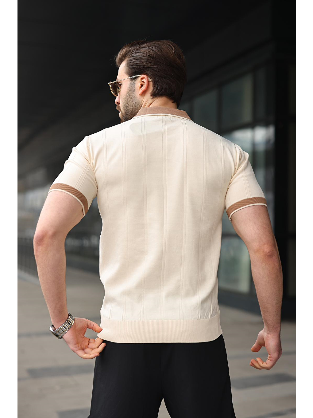 Bej Taş Rengi Polo Yaka Triko Erkek Tişört E7470-3