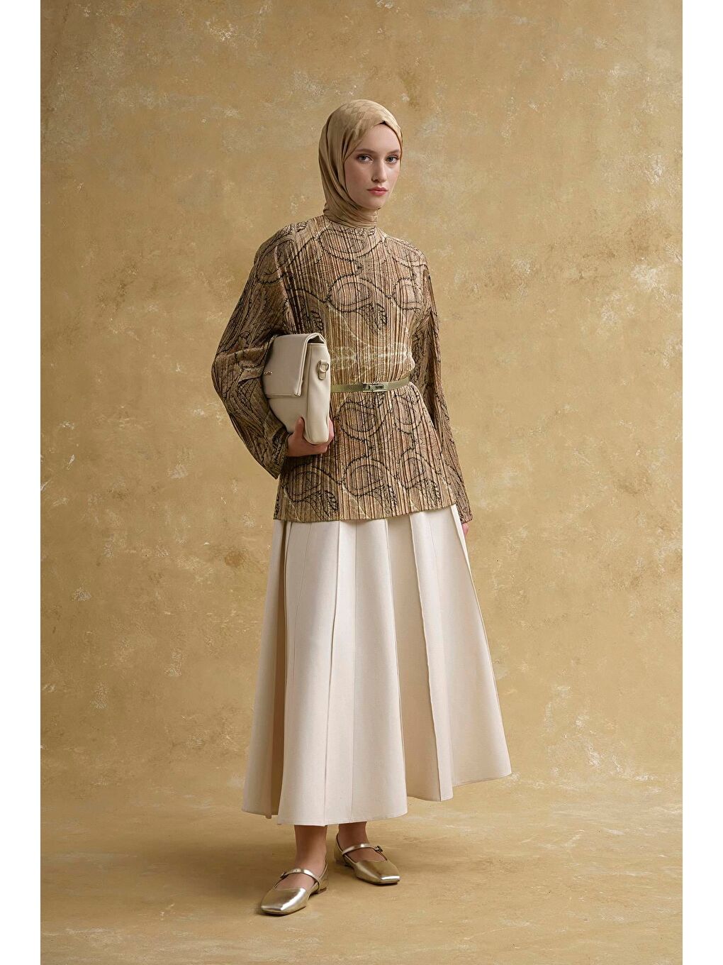 Kahverengi Şal Desenli Tunik Camel-2