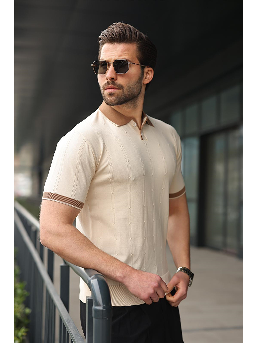 Bej Taş Rengi Polo Yaka Triko Erkek Tişört E7470-4