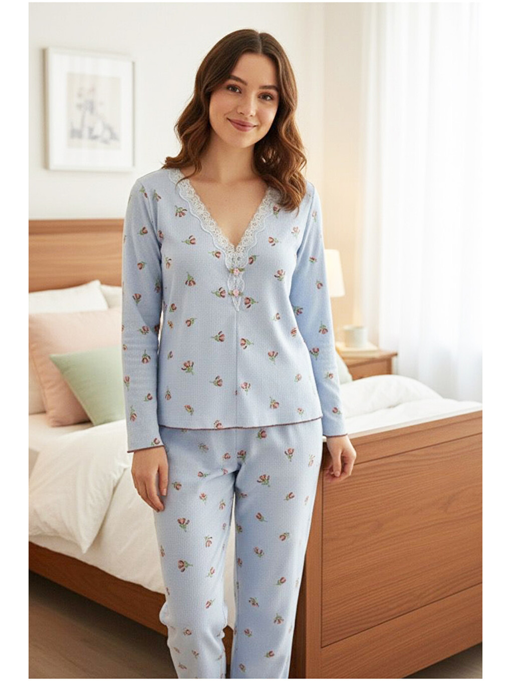 Mavi Çiçek Desenli Dantelli Bürümcük-krınkıl Uzun Kollu Pijama Takım 7958-1