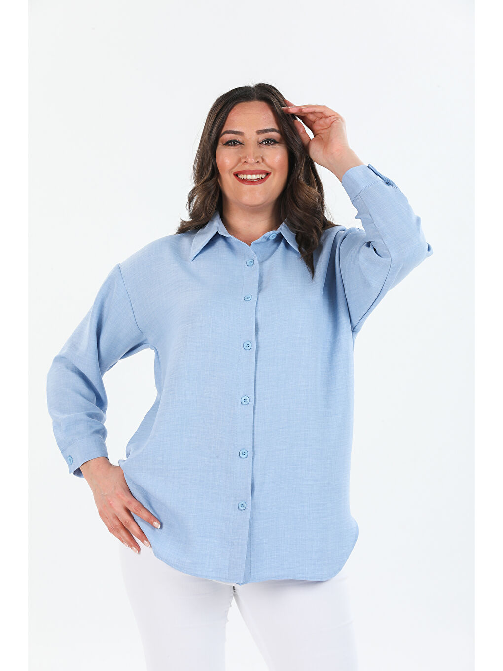 Mavi Büyük Beden Keten Gömlek