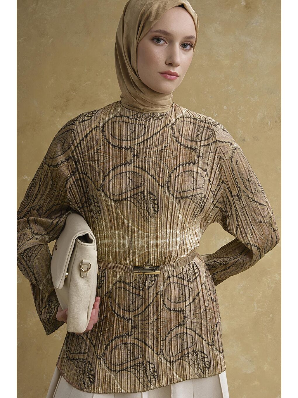 Kahverengi Şal Desenli Tunik Camel-4