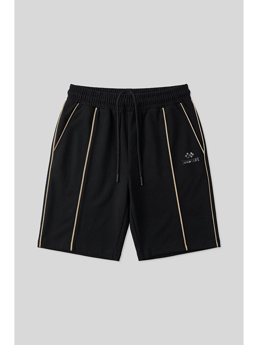 Siyah-Bej Oversize Fit Basic Ön Dikiş Detaylı Erkek Şort - 81283-1