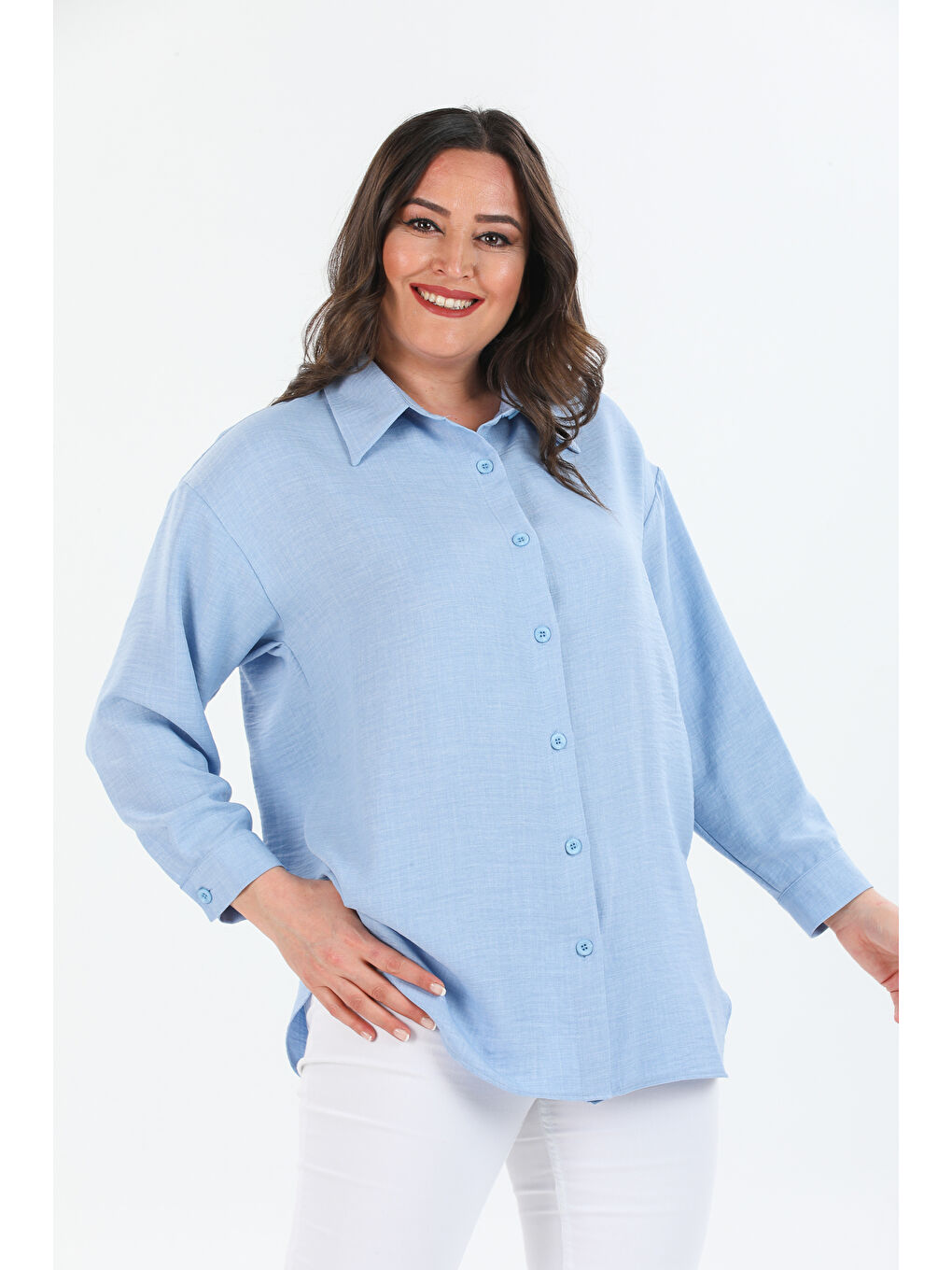 Mavi Büyük Beden Keten Gömlek-2