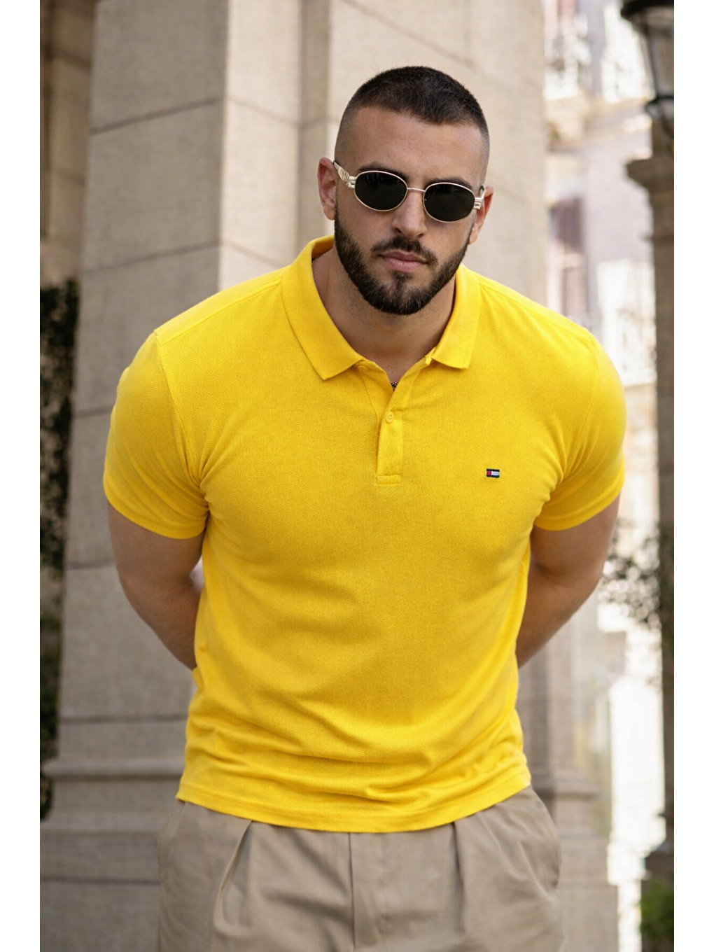 Erkek Trend Dar Basic Yazlık Sarı Polo Yaka Tişört-1