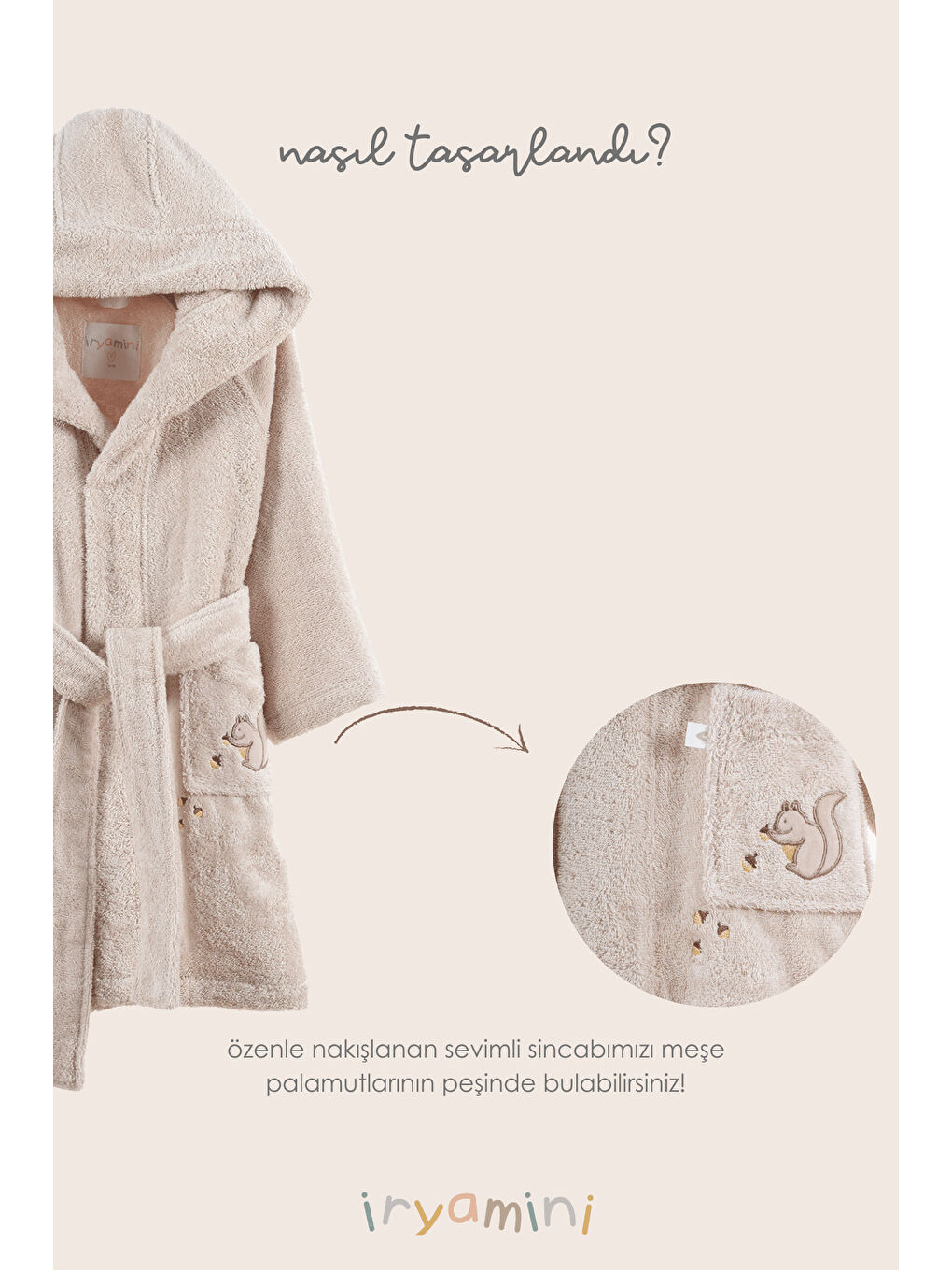 Tiny Squirrel Organik Pamuk Nakışlı Çocuk Bornoz Bej-1