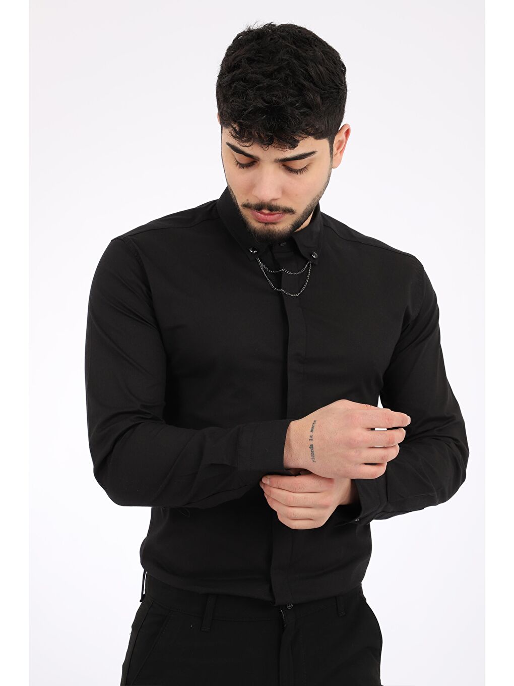 Stilkombin Siyah Slim Fit Zincirli Gömlek - 1