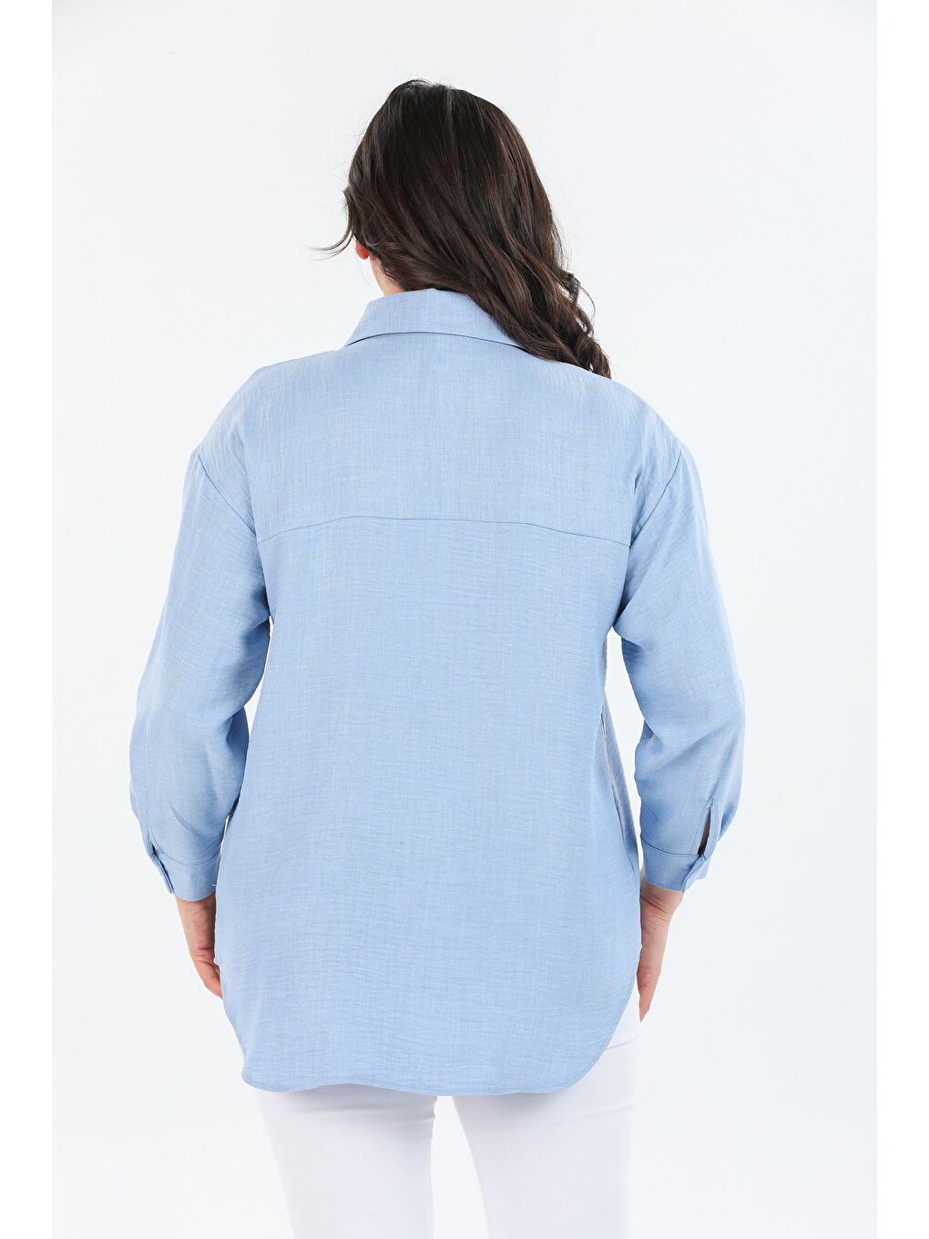 Mavi Büyük Beden Keten Gömlek-4