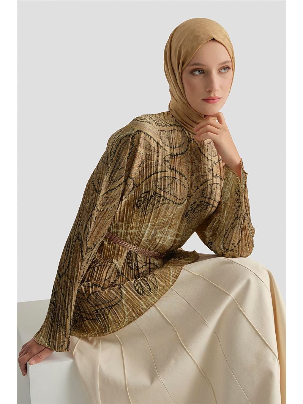 Kahverengi Şal Desenli Tunik Camel-5