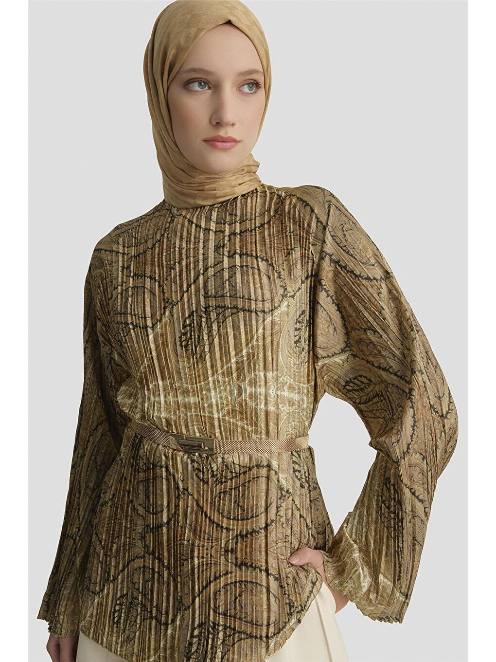 Kahverengi Şal Desenli Tunik Camel-6