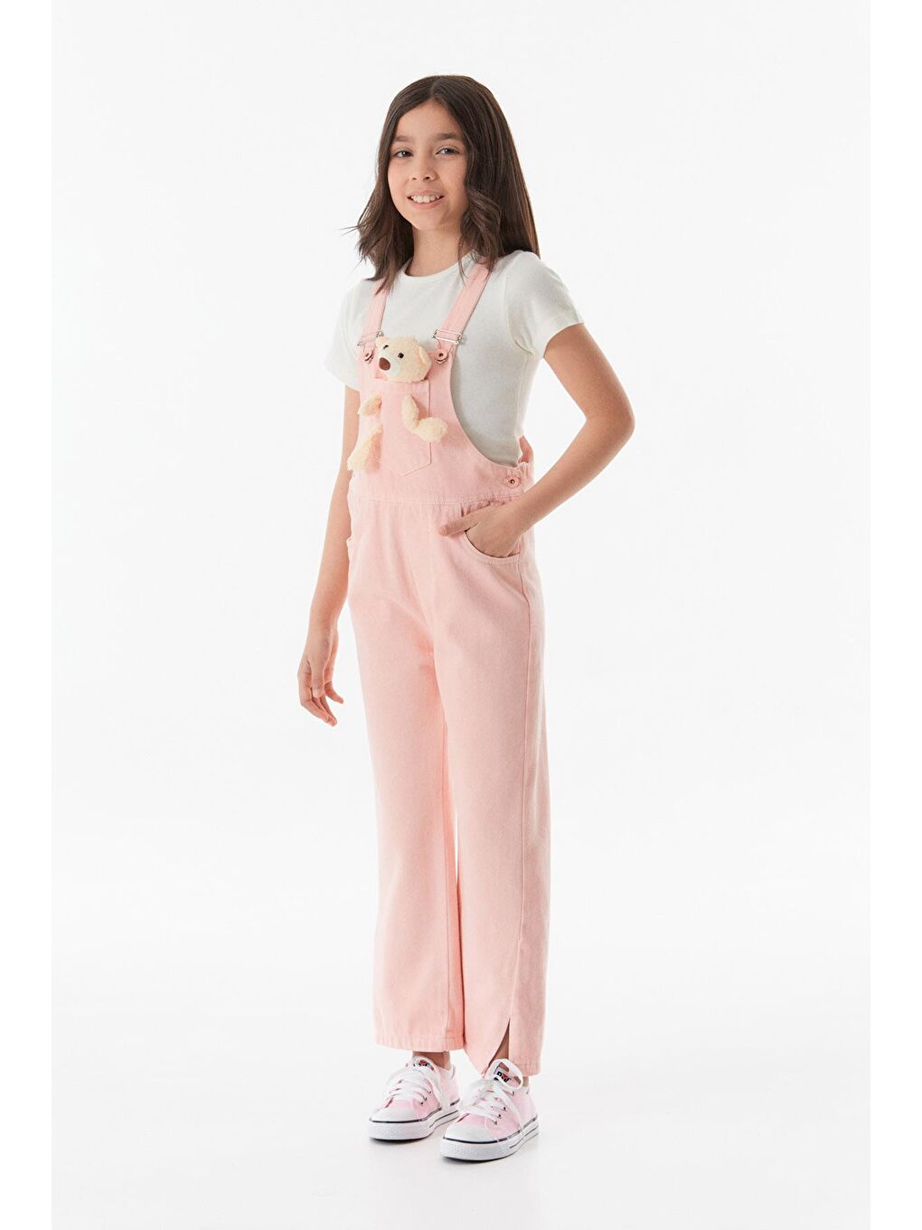 Pembe Ayıcık Detaylı Jean Kız Çocuk Salopet-1