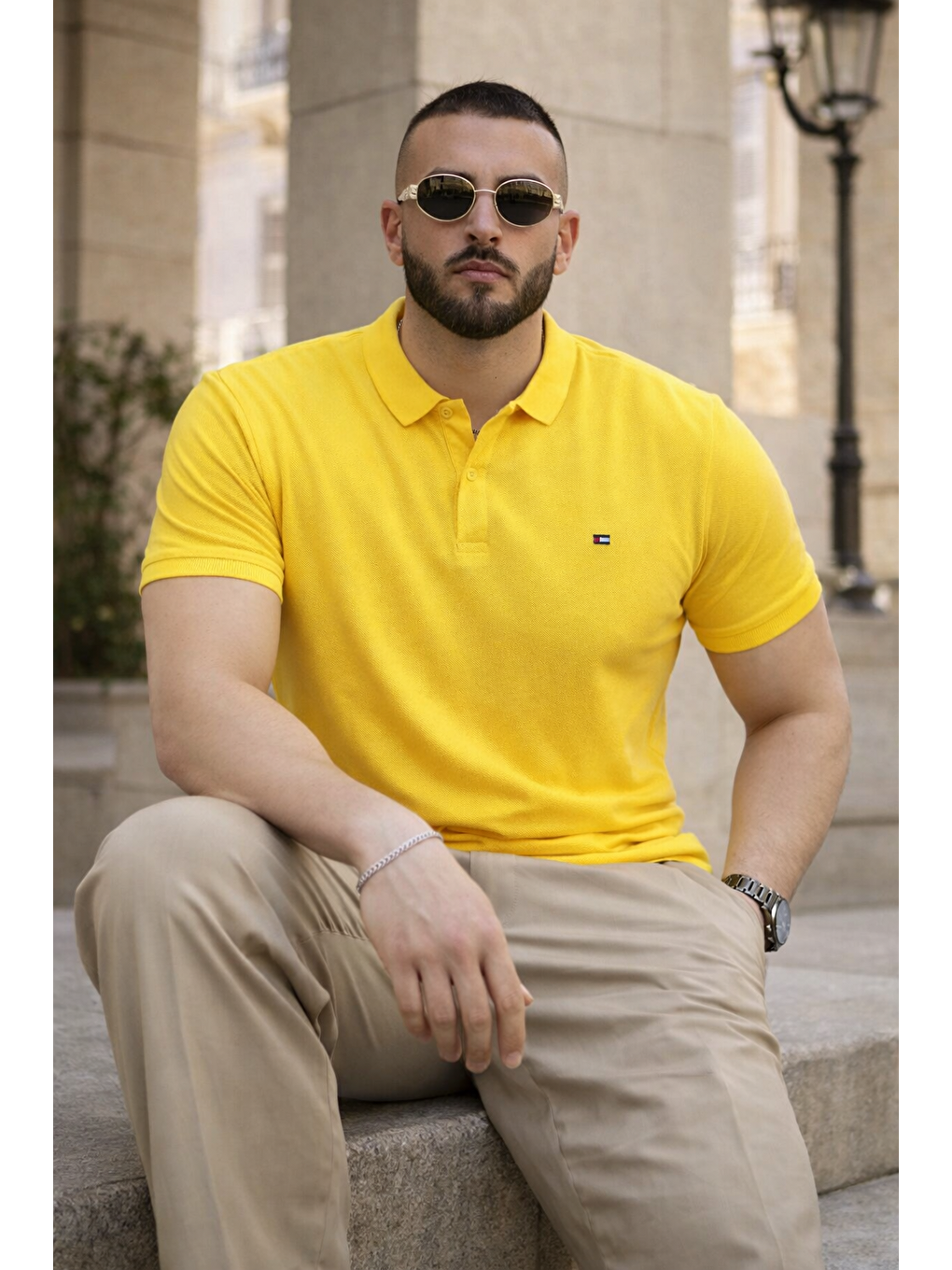 Erkek Trend Dar Basic Yazlık Sarı Polo Yaka Tişört-3