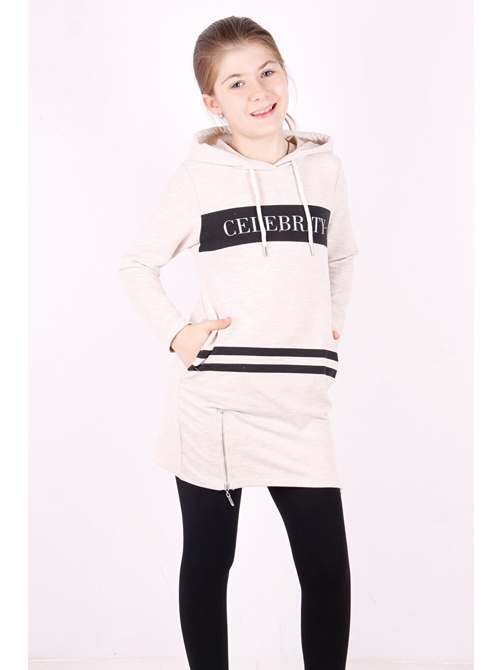 Bej Kız Çocuk Fermuarlı Kapüşonlu Elbise-3