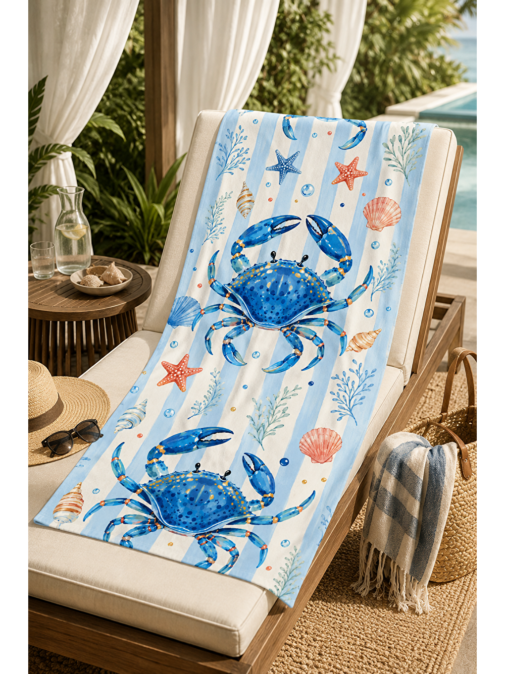 Mavi Yengeç Deniz Kabuğu Desenli 70x150 Plaj Havlusu-2