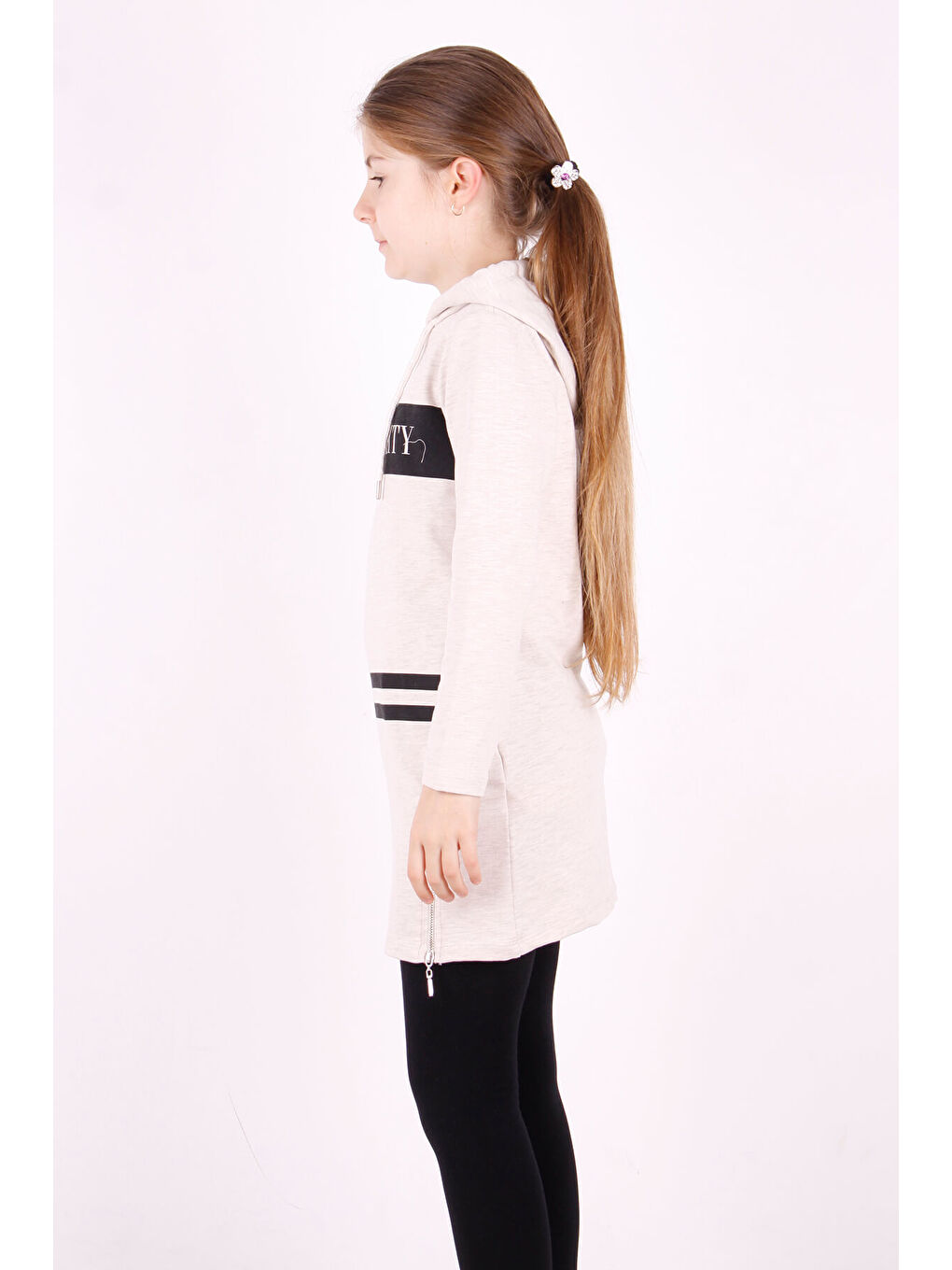 Bej Kız Çocuk Fermuarlı Kapüşonlu Elbise-4