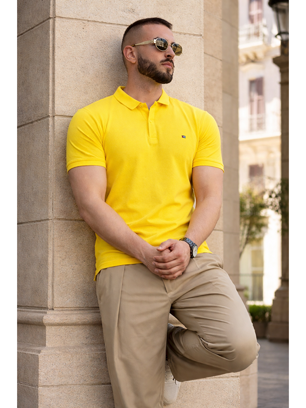 Erkek Trend Dar Basic Yazlık Sarı Polo Yaka Tişört-5