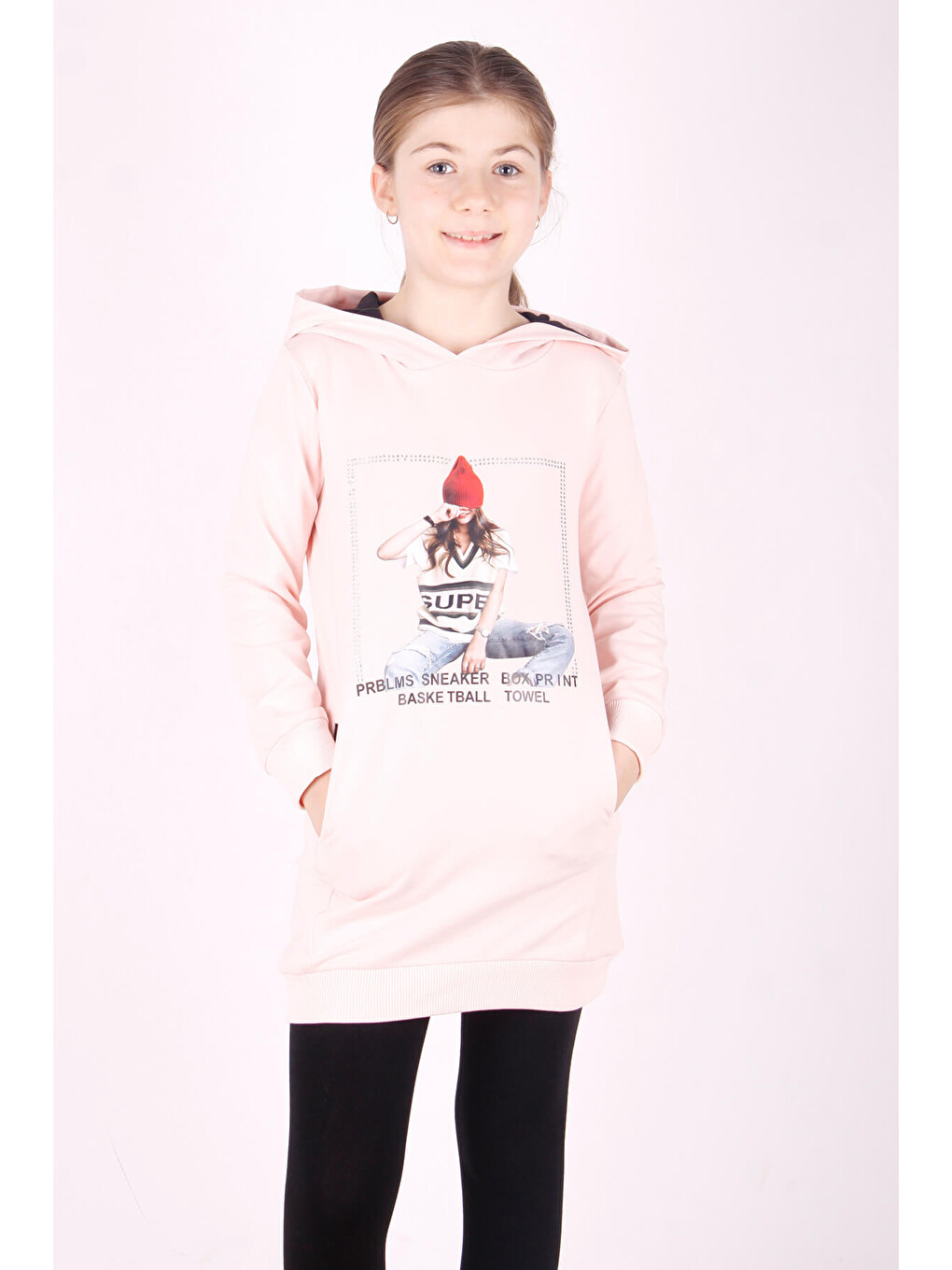 Pembe Kız Çocuk Bereli Kız Baskılı Kapüşonlu Elbise