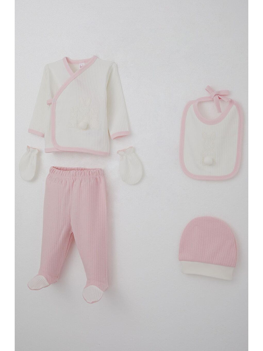 Kız Bebek Hastane Çıkışı 5 Li Ponponlu Tavşancık Nakışlı Beyaz (0-3 Ay)-1