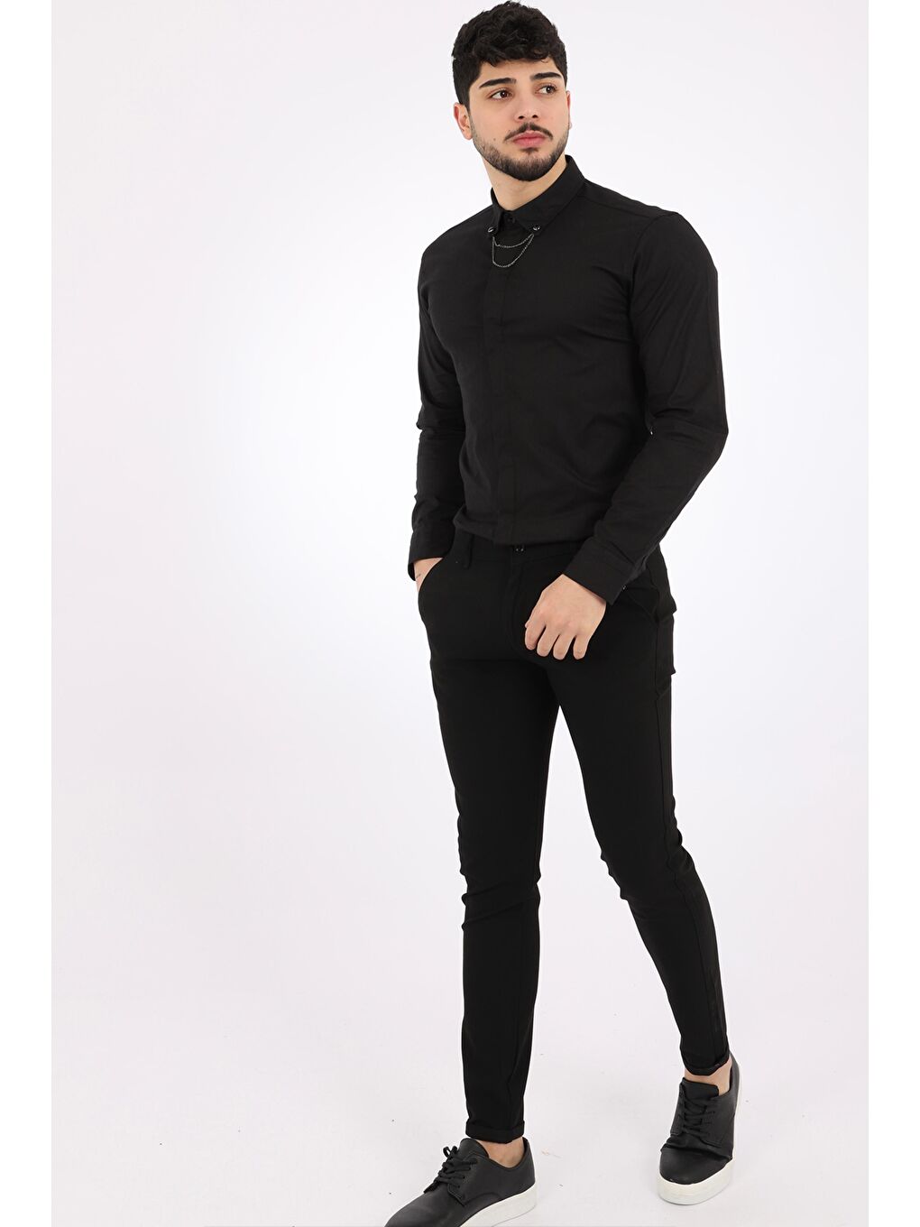 Stilkombin Siyah Slim Fit Zincirli Gömlek - 3