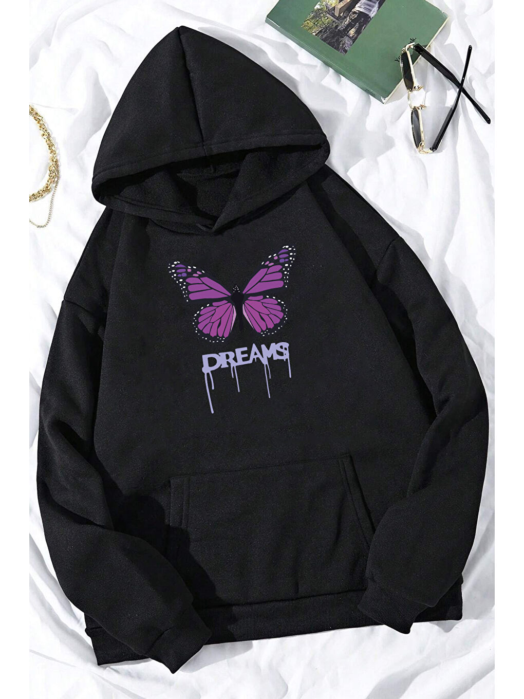 uyguntarz Siyah Unisex Oversize Dream Butterfly Baskılı Sweatshirt