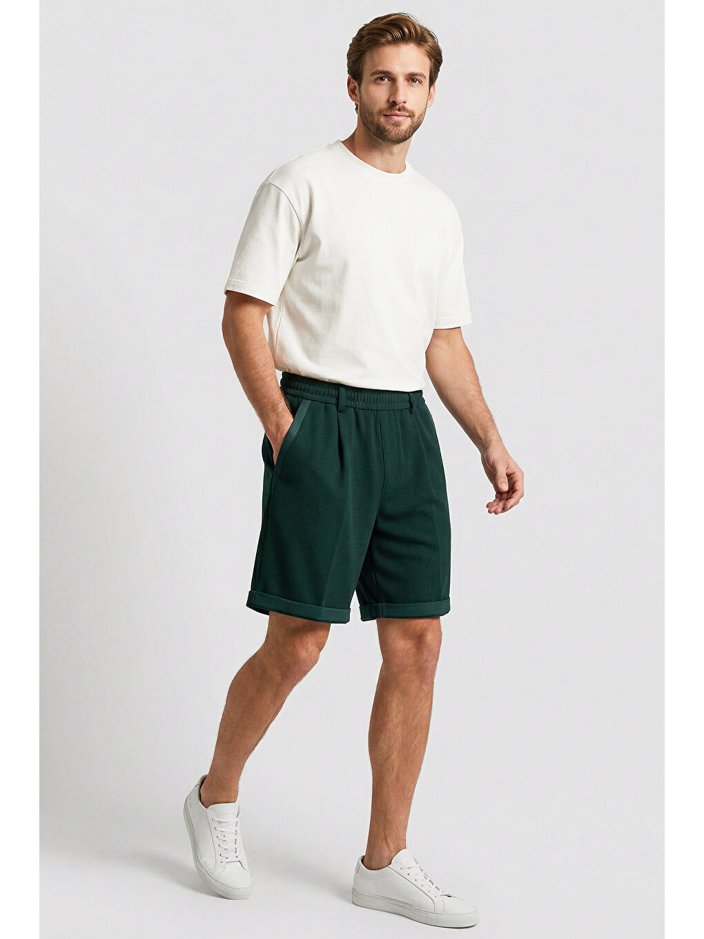 Çam Yeşil Oversize Fit Basic Kemer Detaylı Erkek Şort - 81285-1