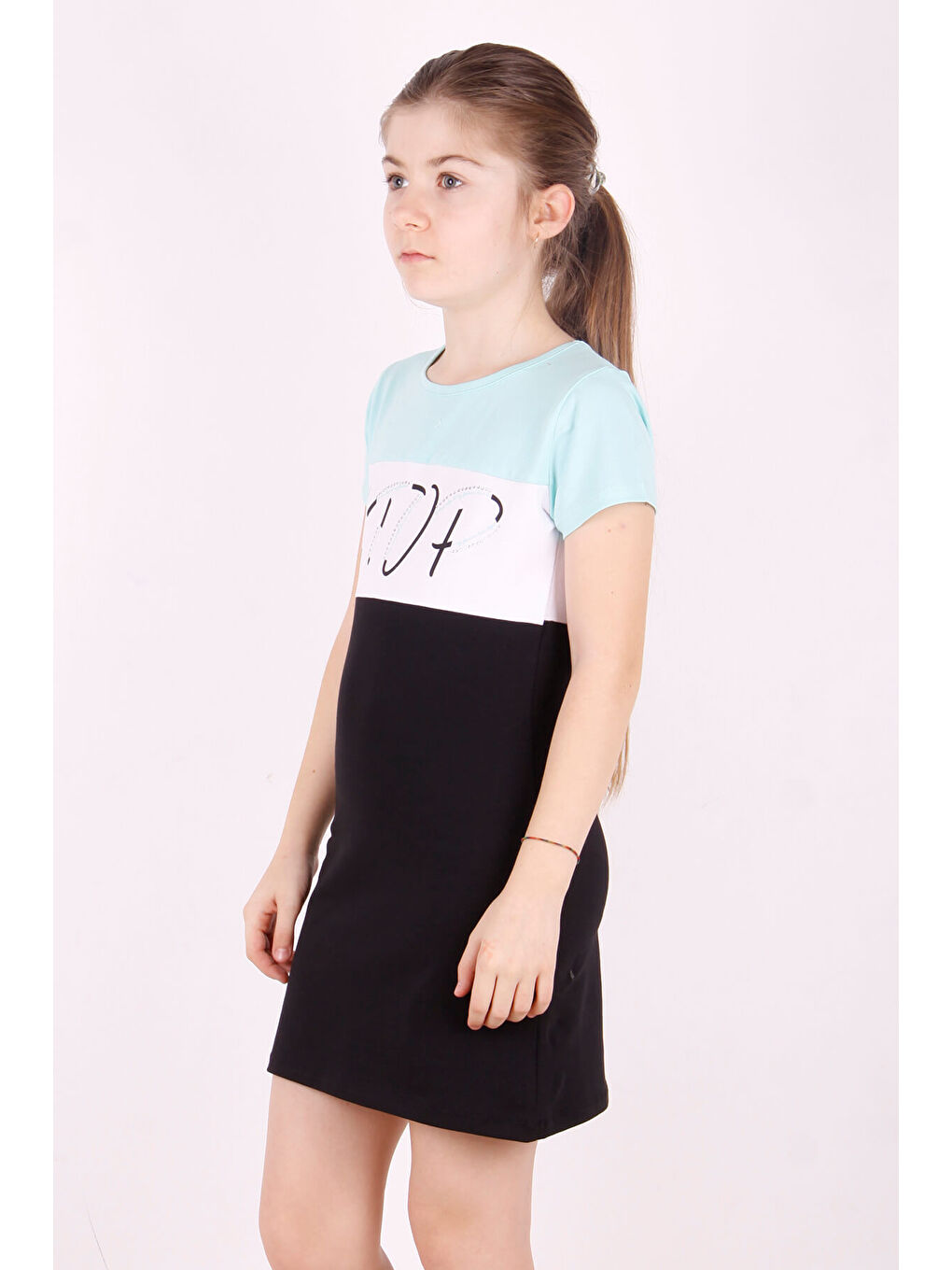 Turkuaz Kız Çocuk Stop Baskılı Renkli Elbise-2