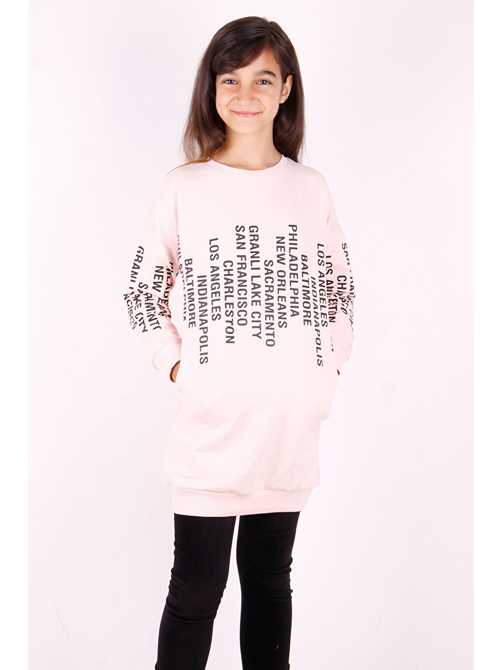 Pembe Kız Çocuk Yazı Baskılı Elbise