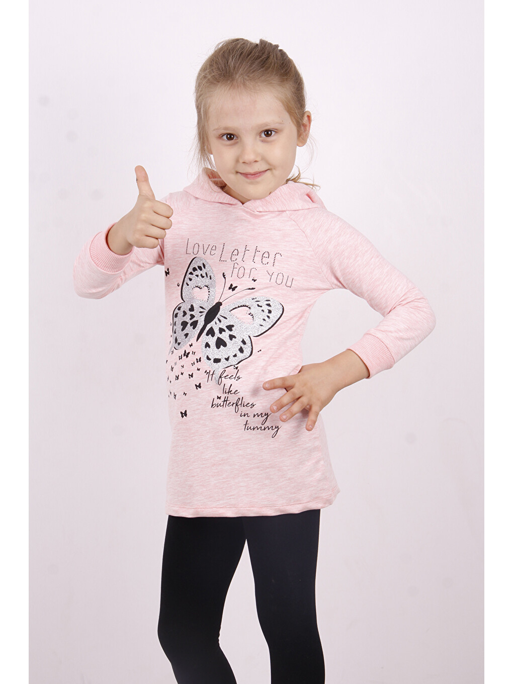 Pembe Kız Çocuk Love You Kelebek Baskılı Elbise