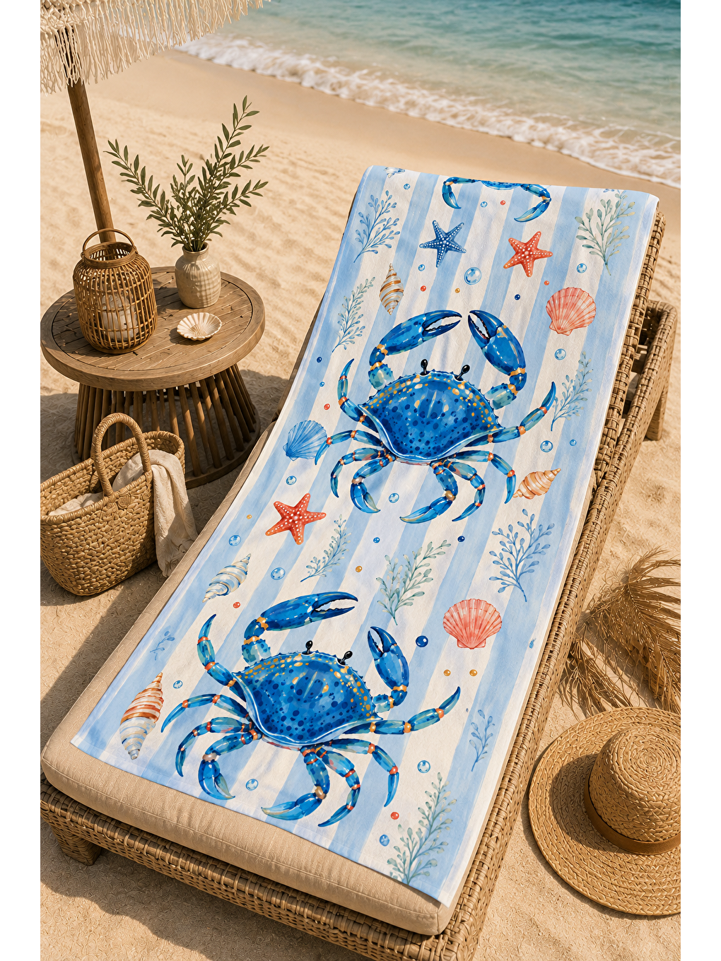 Mavi Yengeç Deniz Kabuğu Desenli 70x150 Plaj Havlusu-4