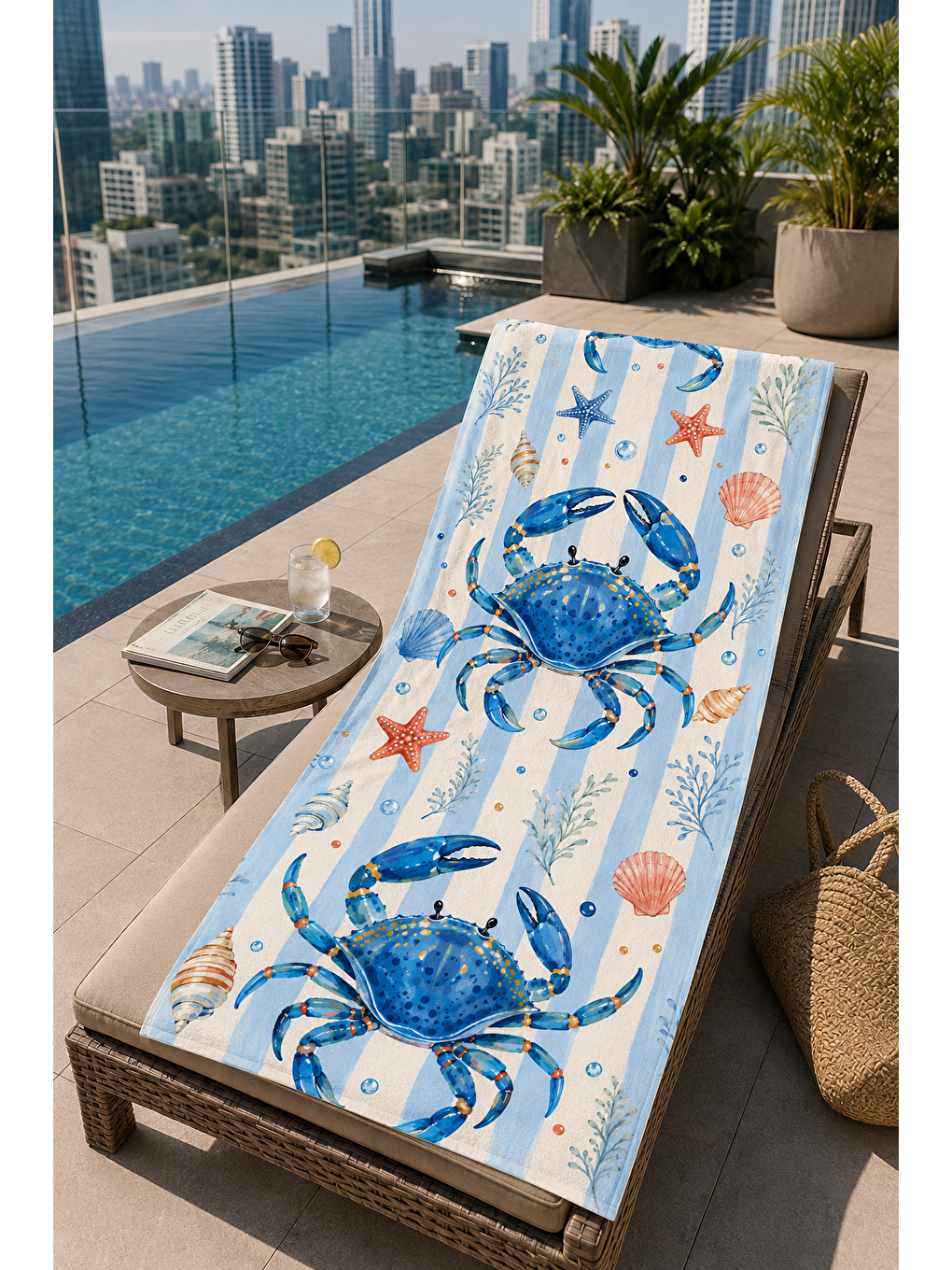 Mavi Yengeç Deniz Kabuğu Desenli 70x150 Plaj Havlusu-5
