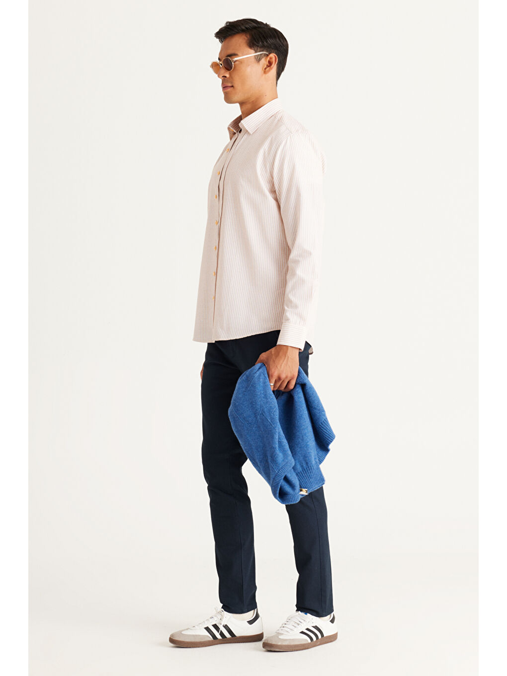 Erkek Beyaz-Turuncu Slim Fit Dar Kesim Gizli Düğmeli Yaka Pamuklu Çizgili Gömlek-2