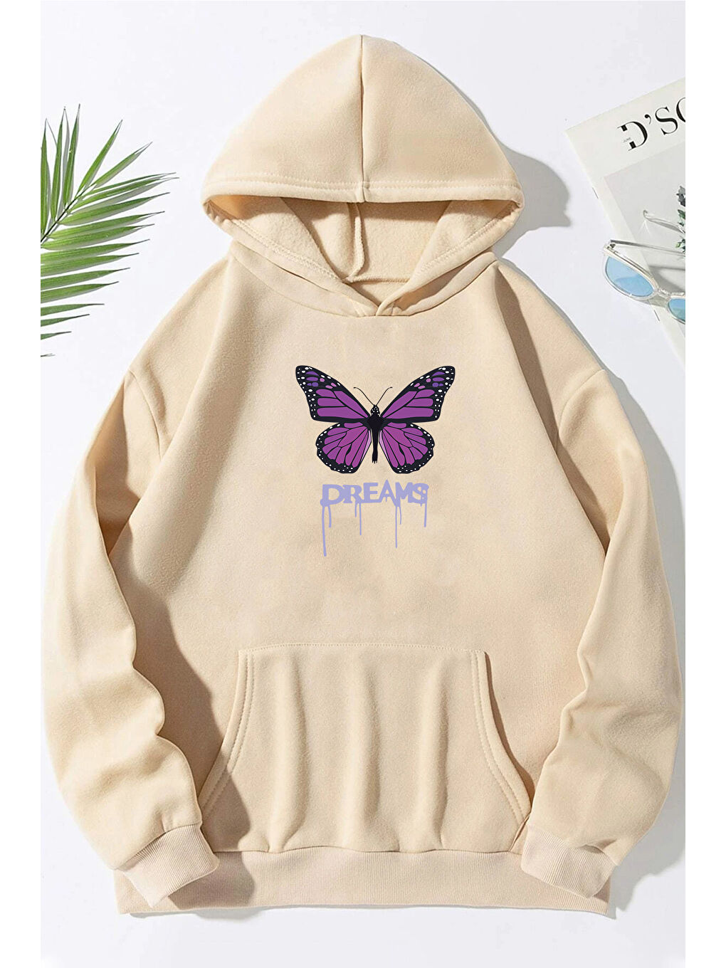 uyguntarz Bej Unisex Oversize Dream Butterfly Baskılı Sweatshirt