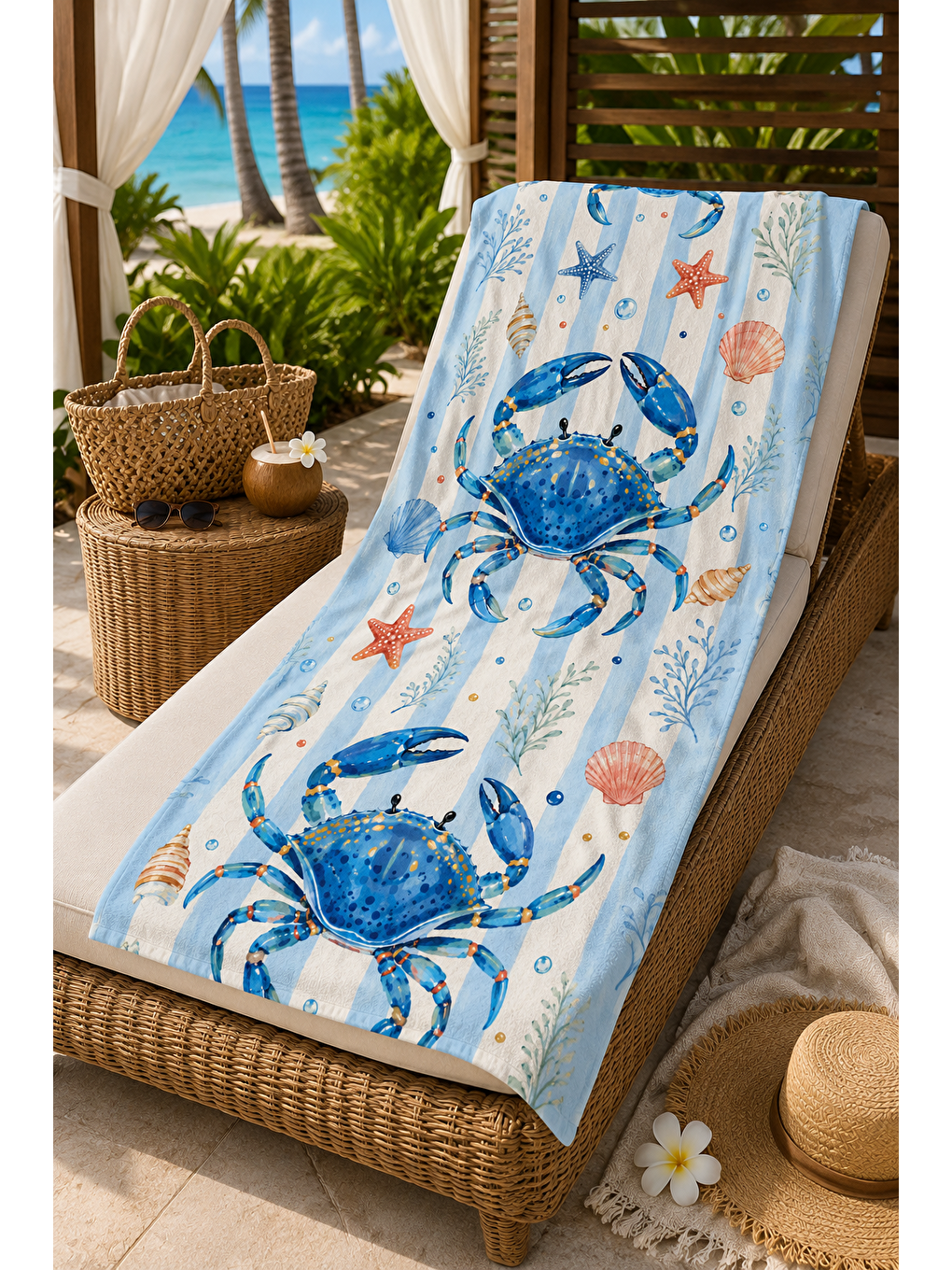 Mavi Yengeç Deniz Kabuğu Desenli 70x150 Plaj Havlusu-6