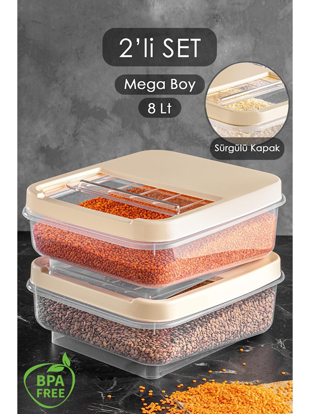 Ekru 2 Adet 8 lt - Multibox Kayar Kapaklı Erzak Saklama Kabı