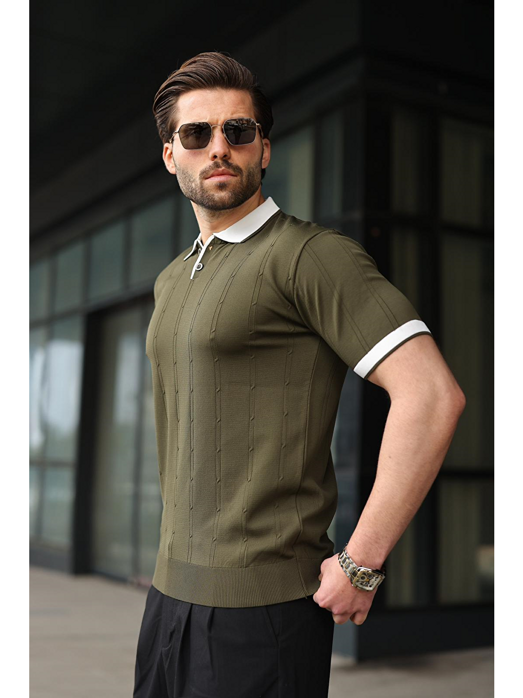 Haki Polo Yaka Triko Erkek Tişört E7470