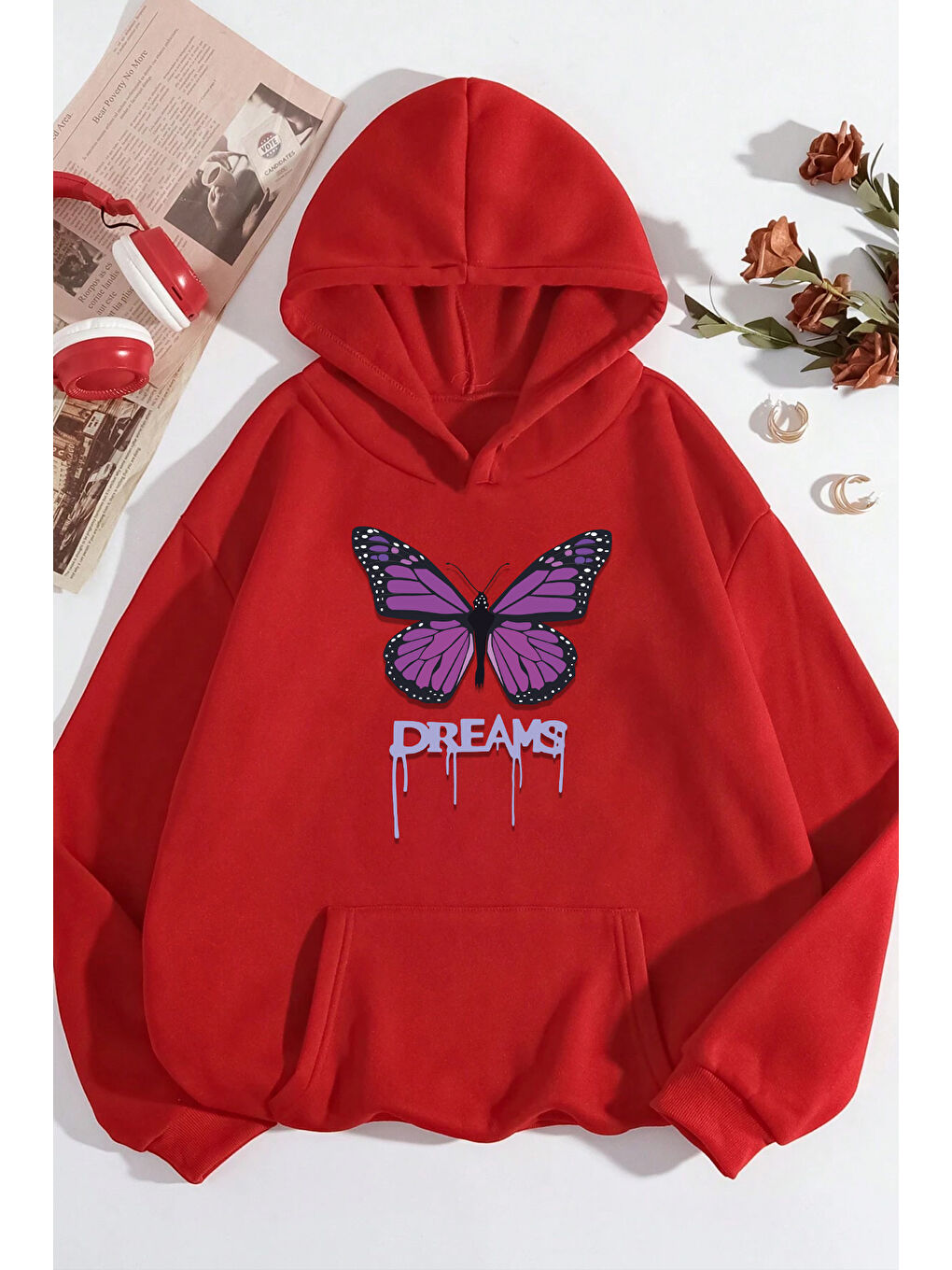 uyguntarz Kırmızı Unisex Oversize Dream Butterfly Baskılı Sweatshirt