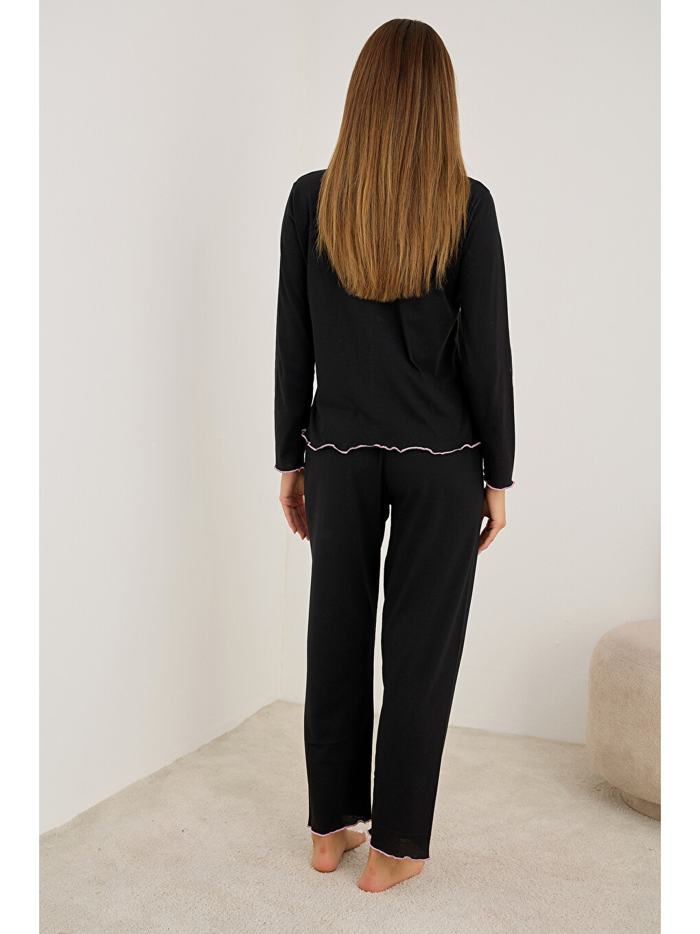 Siyah Gül Aksesuarlı Uzun Kollu Pijama Takım 7939-2