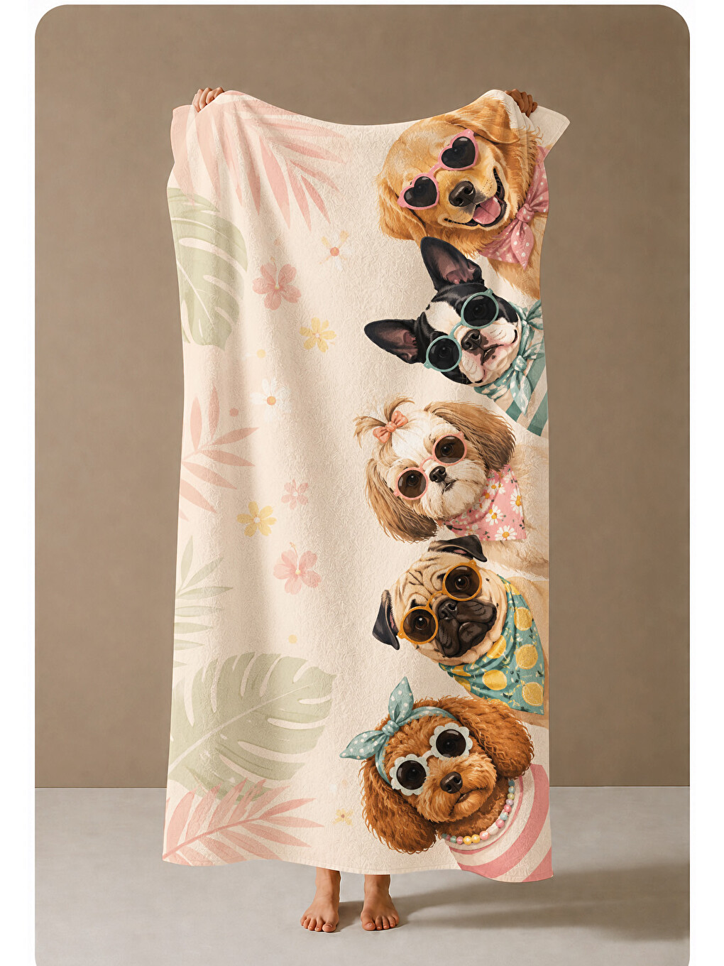 Gri Gözlüklü Köpek Portre Desenli 70x150 Plaj Havlusu