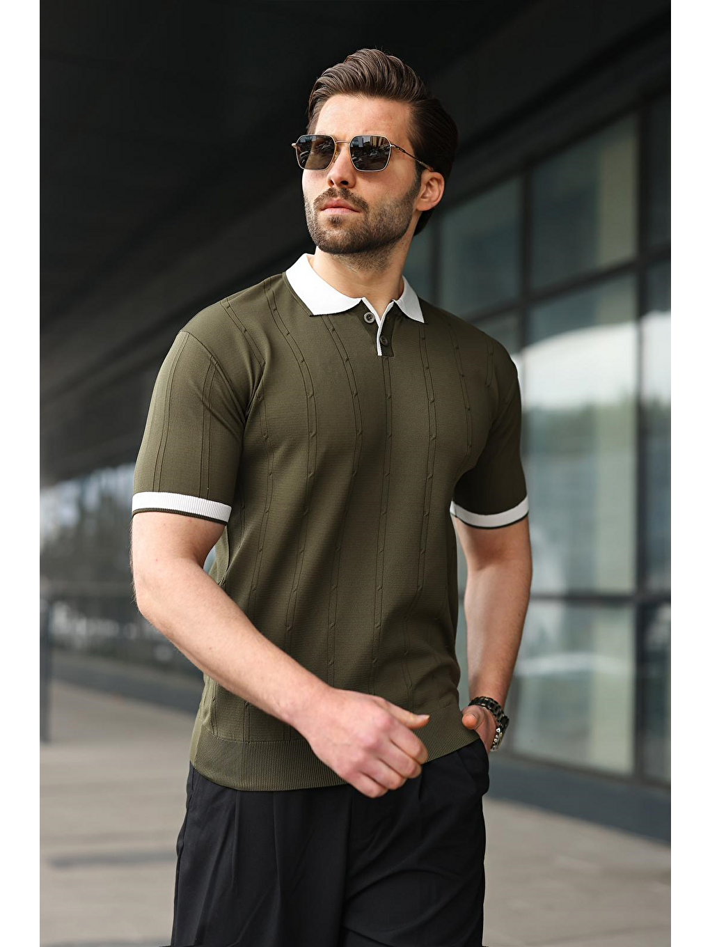 Haki Polo Yaka Triko Erkek Tişört E7470-1